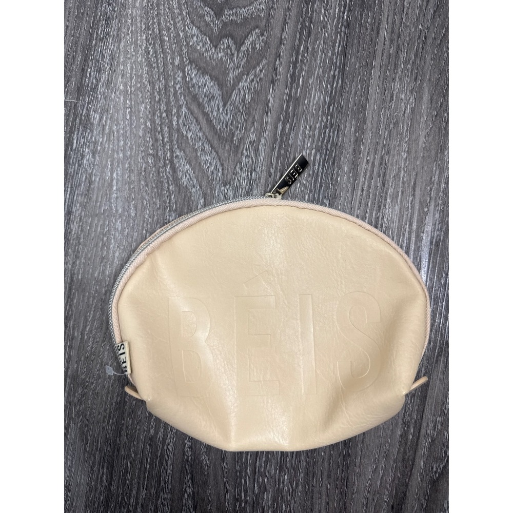 3/$30 BEIS Cosmetic Pouch Beige Faux Leather Debossed Logo Makeup Bag Organizer